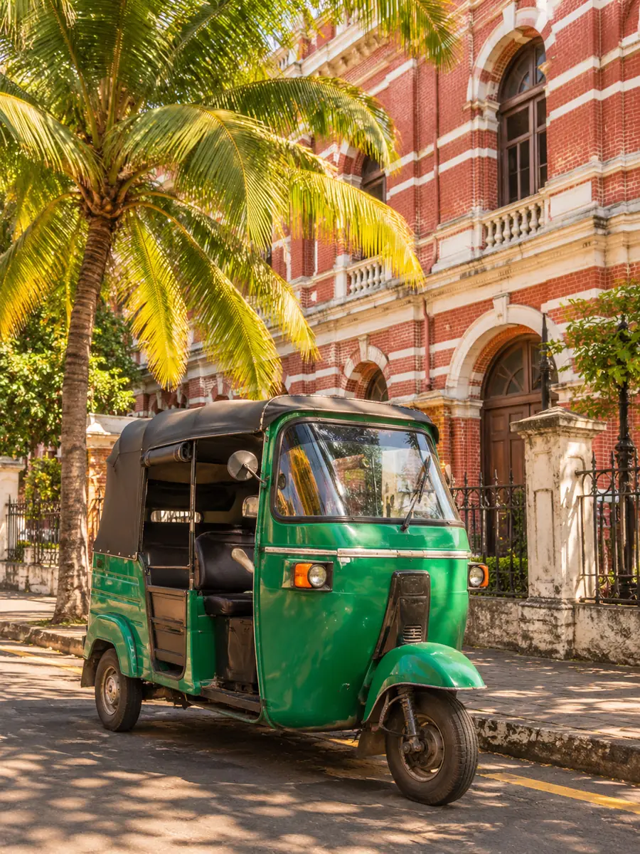 Ein grünes Tuk-Tuk parkt an einer sonnigen Straße in Colombo Fort vor einem Backsteingebäude aus der Kolonialzeit