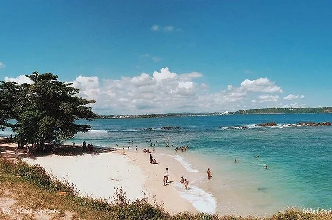 Ein palmengesäumter Strand an der Südküste Sri Lankas mit türkisfarbenem Wasser